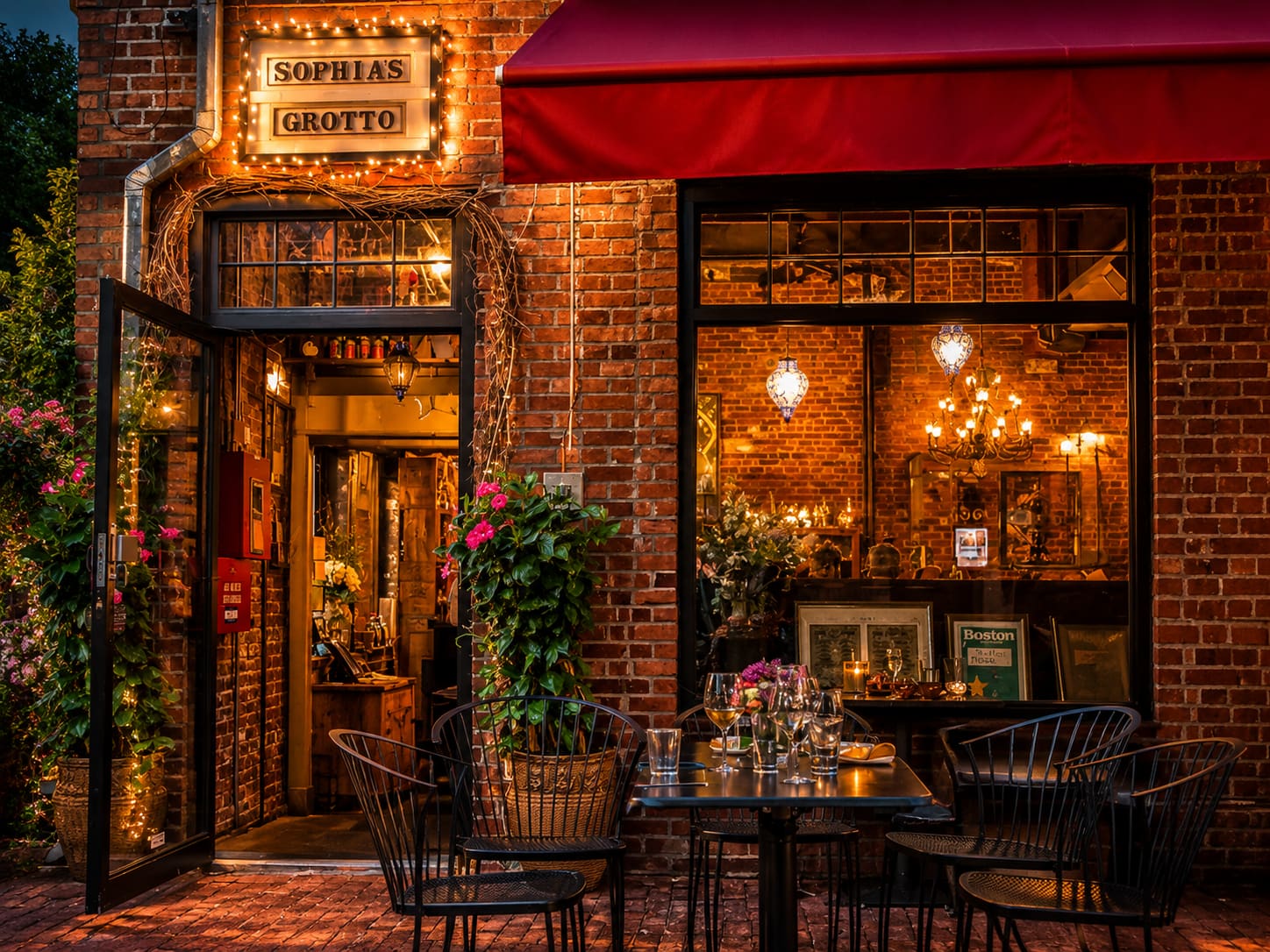 The front of Sophia’s Grotto at night — an illuminated sign over a red awning, ivy climbing the brick, bistro tables and chairs on the courtyard, and chandeliers glowing through the windows.