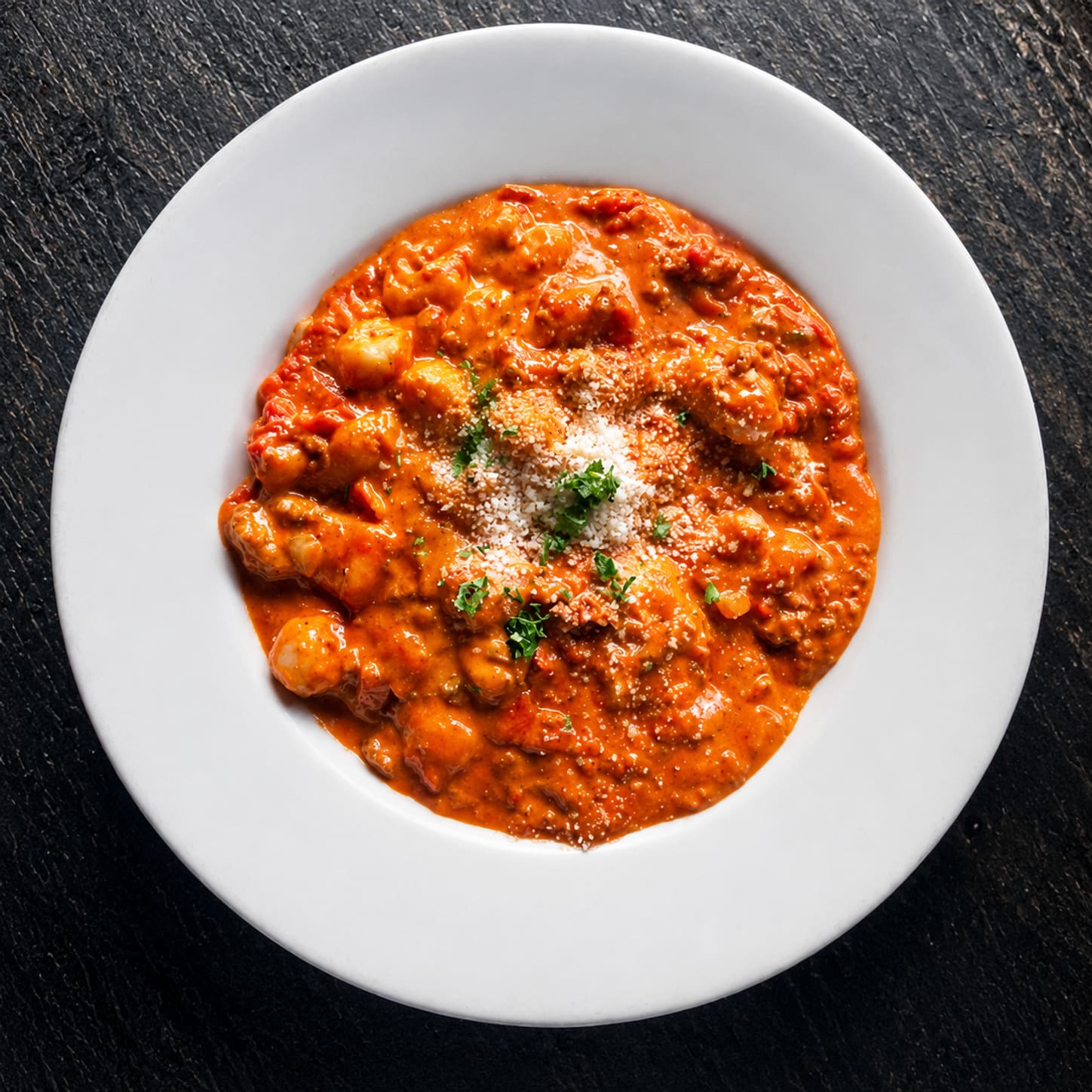 A shallow white bowl of potato gnocchi coated in a creamy tomato meat sauce, dusted with grated parmesan and parsley.