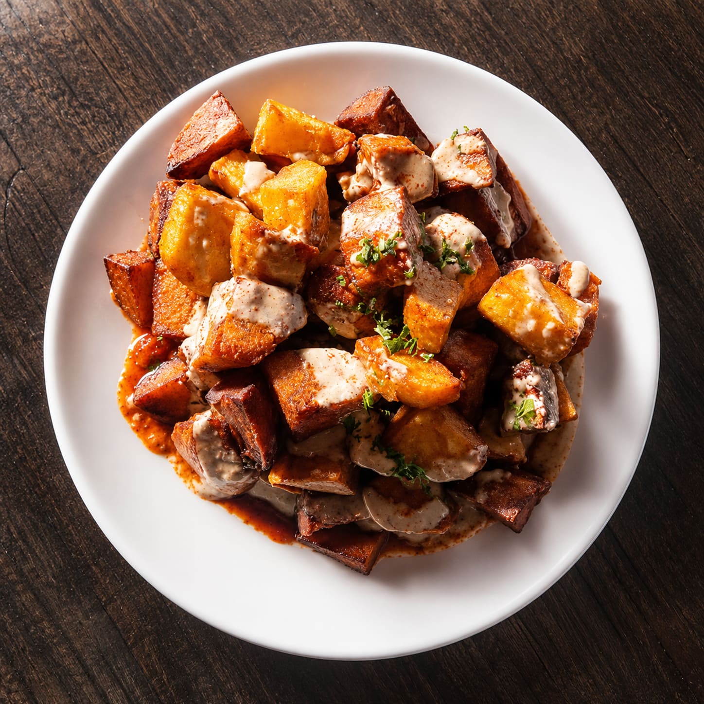 A white bowl of crisp golden fried potato cubes in a spicy red sauce, drizzled with pale aioli and scattered with parsley.