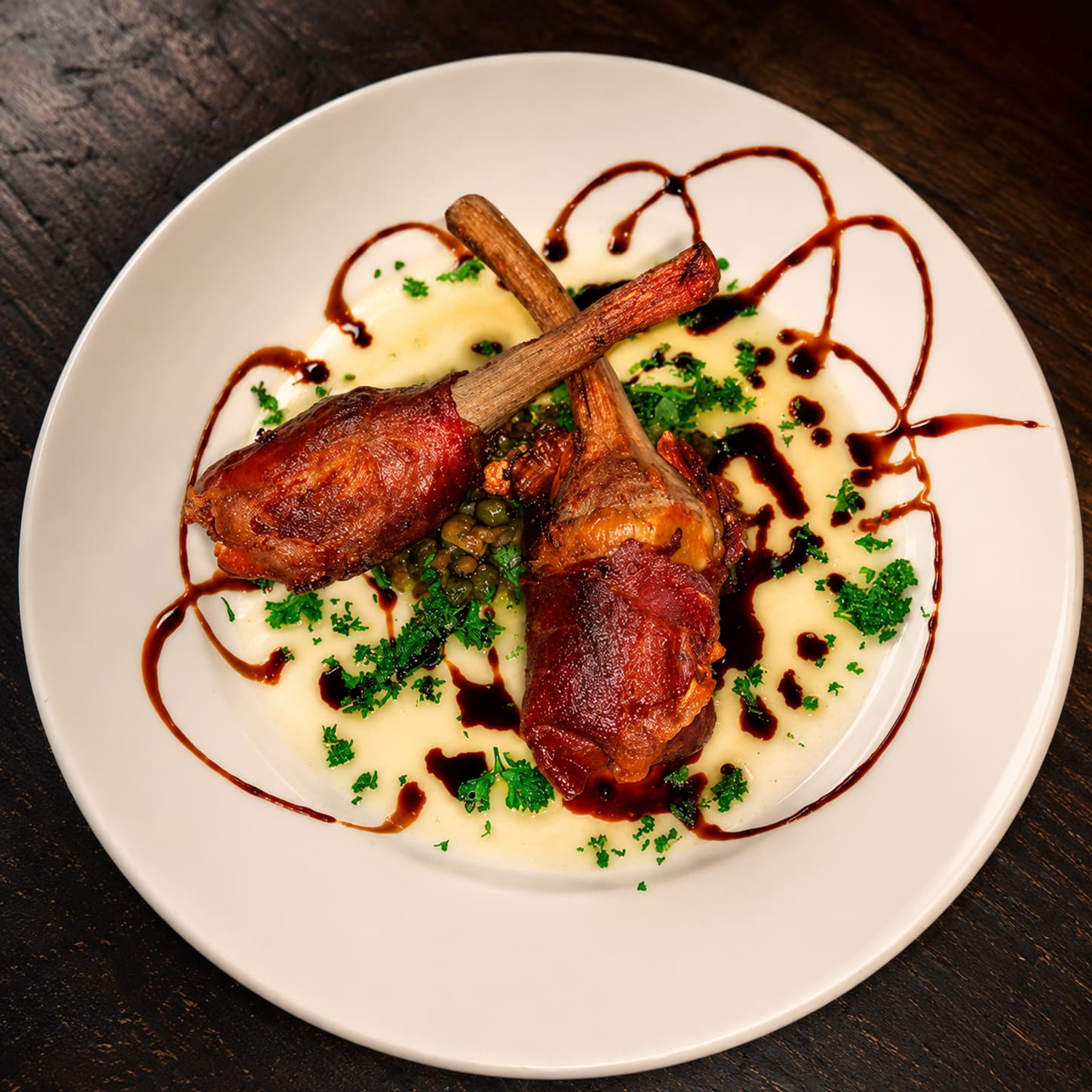 Two frenched lamb chops standing on a white plate over a pale cream sauce, finished with balsamic swirls and chopped parsley.
