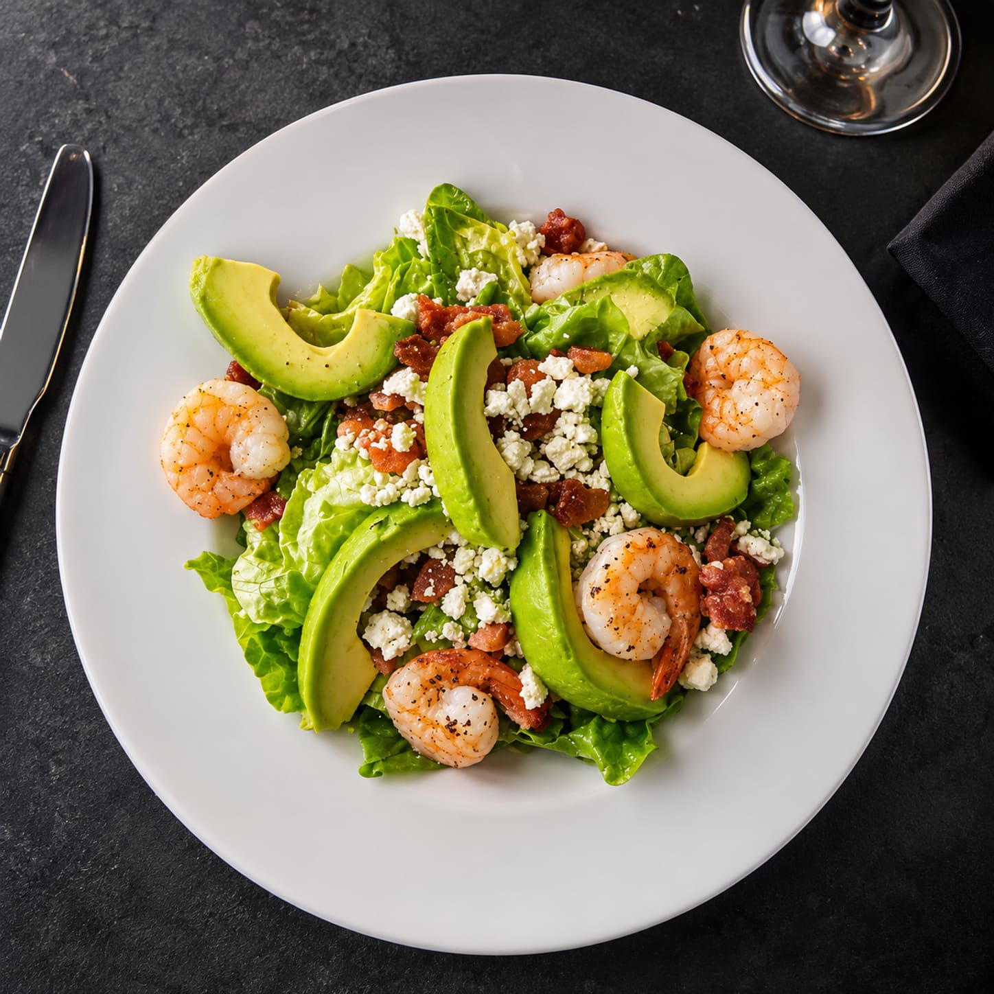 Overhead view of a salad of romaine, sliced avocado, shrimp and crumbled cheese on a white plate against dark slate.
