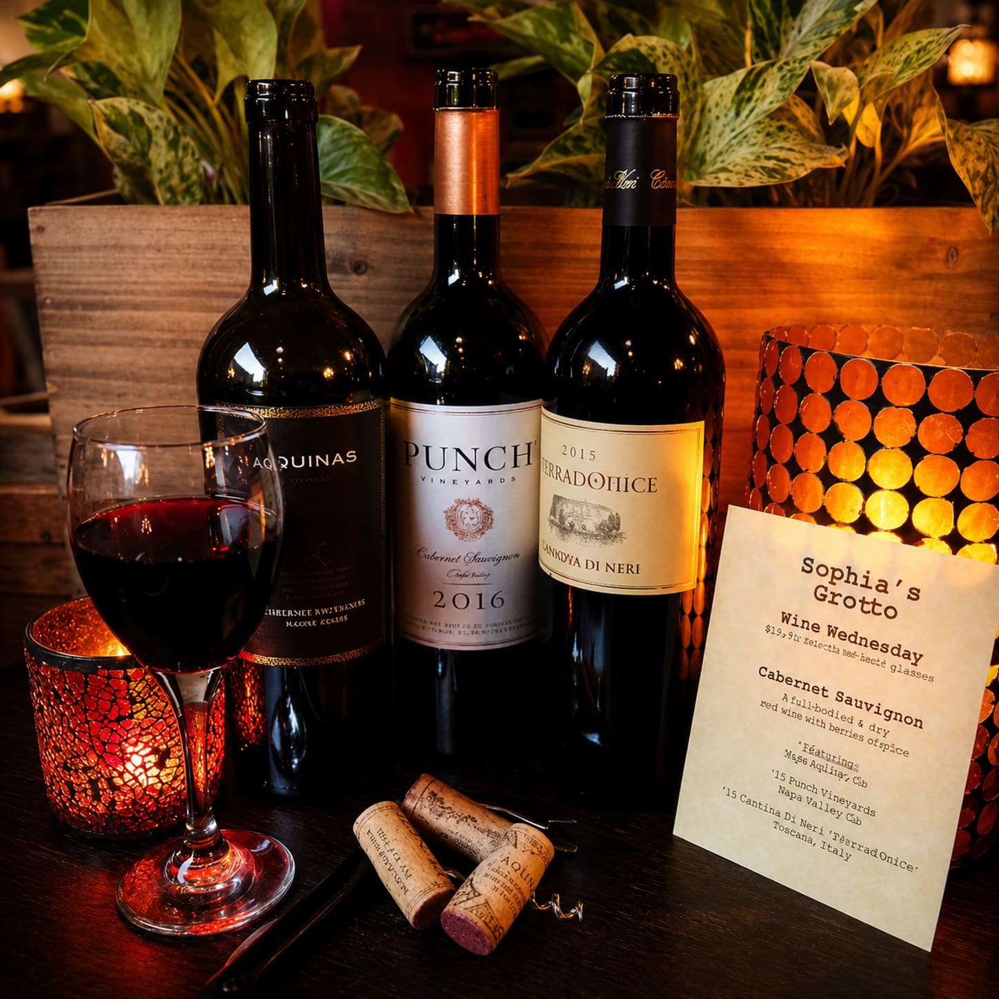 Three open bottles of red wine and a poured glass on dark wood beside a lit candle, with a Sophia’s Grotto Wine Wednesday card propped behind them.